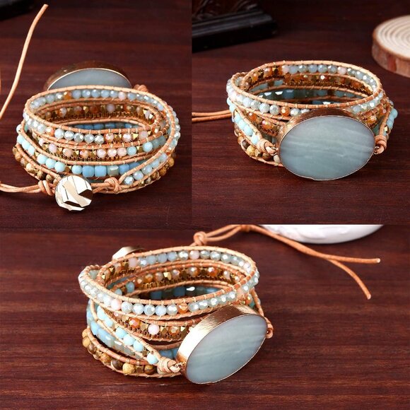 Women Boho Leather Bead Wrap Bracelet with Amazonite Natural Stone - Picture 3 of 6